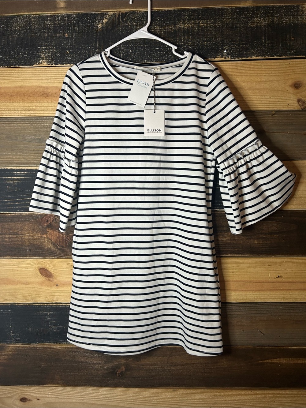 Ellison White and Navy Striped Bell-Sleeve Kids Dress